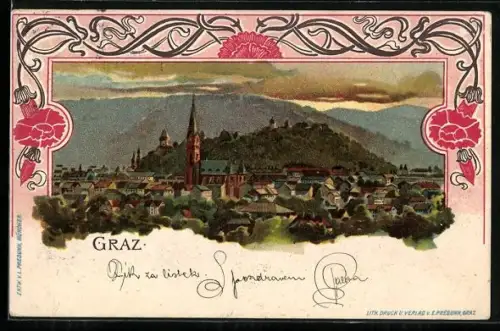 Lithographie Graz, Panorama mit Schlossberg und Kirchturm