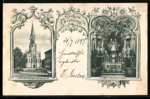 AK Wien, Pfarrkirche Hietzing, Aussenansicht und Hochaltar