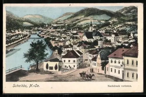 AK Scheibbs /N.-Oe., Panorama mit Fluss, Brücke und Kirche