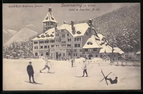 AK Semmering, Grand-Hotel Erzherzog Johann, Skifahrer