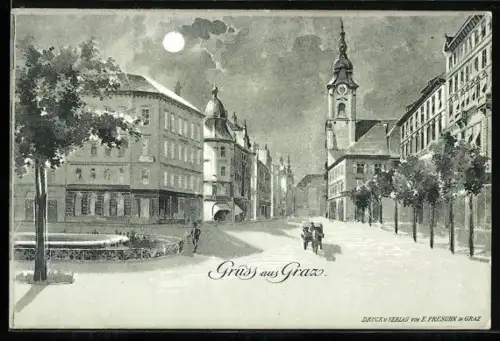 AK Graz, Platz mit Brunnen und Kirchturm