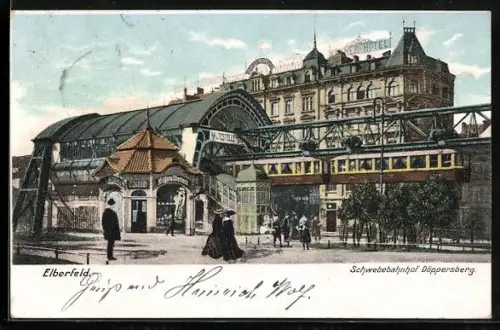 AK Elberfeld, Schwebebahnhof in Döppersberg mit Hotel