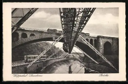 AK Wuppertal-Sonnborn, Brücke, Eisenbahn, Strassenbahn & Schwebebahn