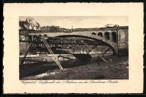 AK Wuppertal, Treffpunkt der drei Bahnen mit Schwebebahn an der Sonnborner Brücke