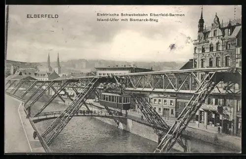 AK Elberfeld, Partie am Island-Ufer mit Bismarck-Steg und Schwebebahn