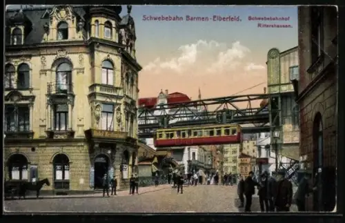 AK Barmen-Elberfeld, Schwebebahnhof Rittershausen mit Hotel