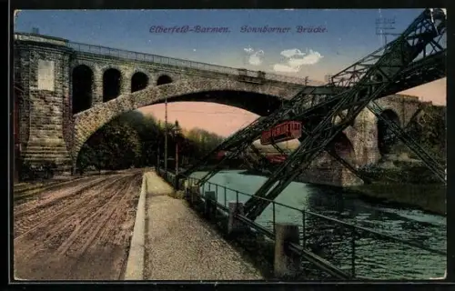 AK Elberfeld-Barmen, Sonnborner Brücke mit Eisenbahn und Zeppelin