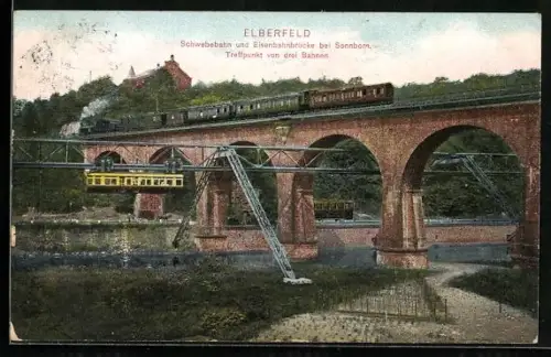 AK Wuppertal-Elberfeld, Treffpunkt der Schwebebahn, Eisenbahn und der Strassenbahn bei Sonnborn