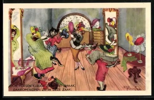 Künstler-AK Modenschau unter hübschen Katzendamen, vermenschlichte Tiere