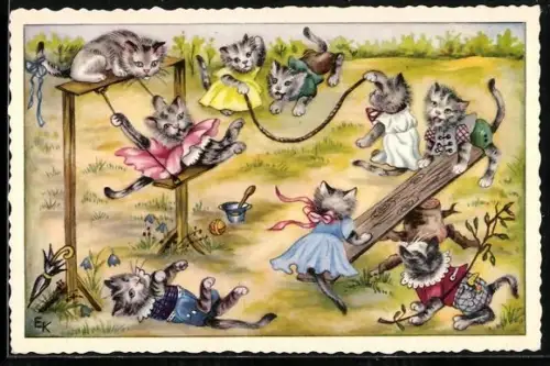Künstler-AK sign. EK: Katzenkinder auf einem Spielplatz