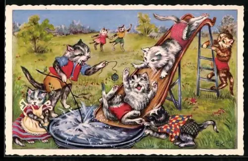 Künstler-AK sign. EK: Katzen beim Spiel auf einer Wasserrutsche mit einem kleinen Pool