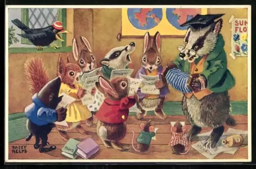 Künstler-AK sign. Racey Helps: Waschbär mit Handharmonika und einem Chor mit Eichhörnchen, Maulwurf und Hasen