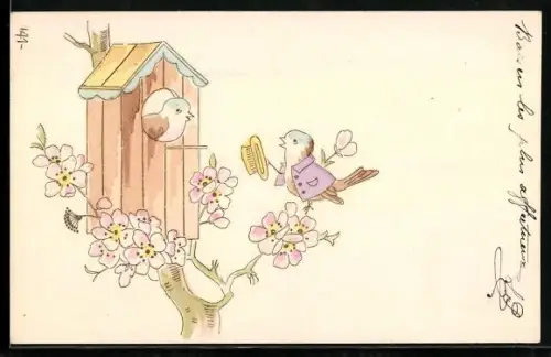 Präge-AK Vogel mit Hut besucht einen anderen Vogel in seinem Haus
