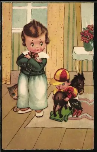 AK Zwei Kinder mit einem Spielzeug-Pferd