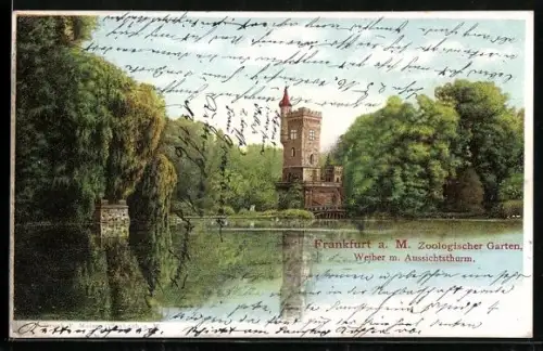 Lithographie Frankfurt a. M., Zoologischer Garten: Weiher mit Aussichtsturm