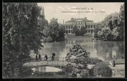 AK Frankfurt a. M., Gesellschftshaus und Teichpartie im Zoologischen Garten