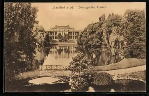 AK Frankfurt a. M., Zoologischer Garten, Brücke am Teich