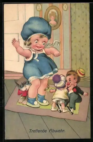 AK Kind mit zwei Puppen und einer Katze