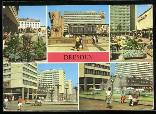 AK Dresden, Restaurant in der Prager Strasse, Prager Strasse mit Passanten