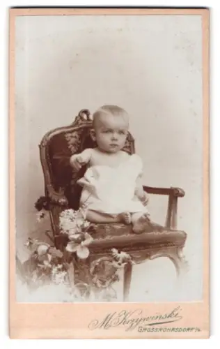 Fotografie M. Krzywinski, Grossröhrsdorf, Grossmannstrasse, Kind auf kunstvollem Stuhl