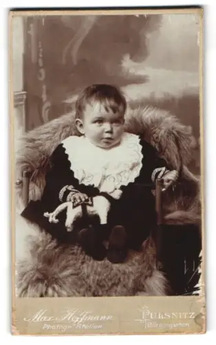 Fotografie Max Hoffmann, Pulsnitz, Bürgergarten, Kleinkind auf einem Fellstuhl