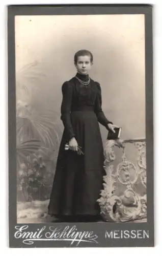 Fotografie Emil Schlippe, Meissen, Elbberg 1, Junge Frau mit Buch und eleganter Pose