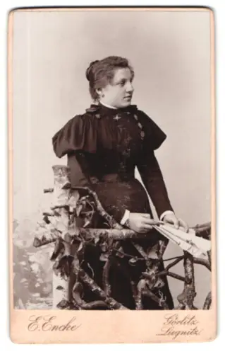 Fotografie Ernst Encke, Görlitz, Elisabeth Strasse 10/11, Dame im dunklen Kleid mit gefaltetem Fächer