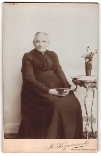 Fotografie M. Krzywinski, Grossröhrsdorf, Grossmannstrasse, Ältere Dame mit Buch