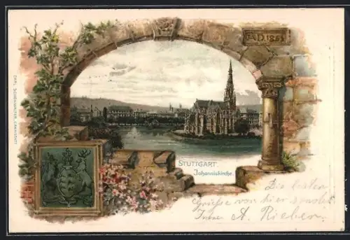 Passepartout-Lithographie Stuttgart, Johanniskirche im Stadtbild, Wappen