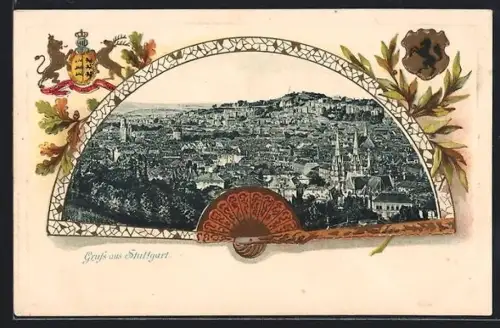 Passepartout-Lithographie Stuttgart, Stadtpanorama, Fächer und Wappen