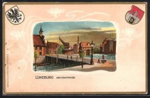 Passepartout-Lithographie Lüneburg, Ortspartie am Kaufhause, Stadtwappen