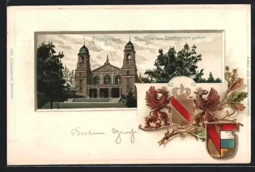 Passepartout-Lithographie Pforzheim, Saalbau im Stadtgarten, Stadtwappen