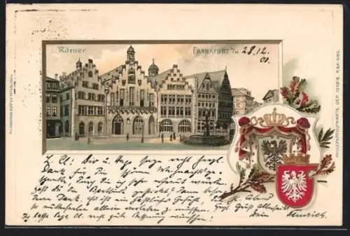 Passepartout-Lithographie Alt-Frankfurt, Römer mit Wappen