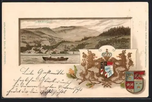 Passepartout-Lithographie Tegernsee, Blick über den See, Wappen