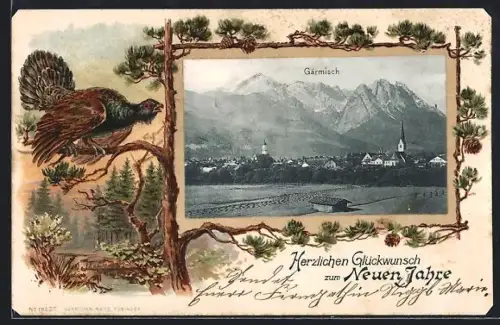 Passepartout-Lithographie Garmisch, Ortsansicht mit Kirche, Auerhahn und Neujahrsgruss