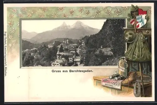 Passepartout-Lithographie Berchtesgaden, Teilansicht des Ortes, Wanderkleidung, Fernglas