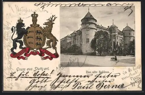 AK Stuttgart, Altes Schloss mit Strassenpartie, Wappen