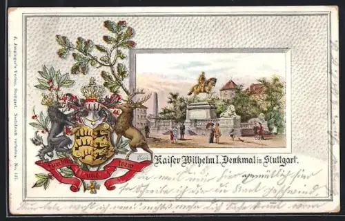 Passepartout-Lithographie Stuttgart, Kaiser Wilhelm I. Denkmal, Wappen und Eichenzweig