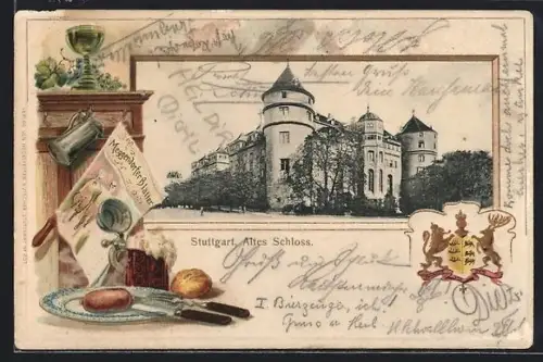 Passepartout-Lithographie Stuttgart, Altes Schloss, Gedeckter Tisch mit Wappen