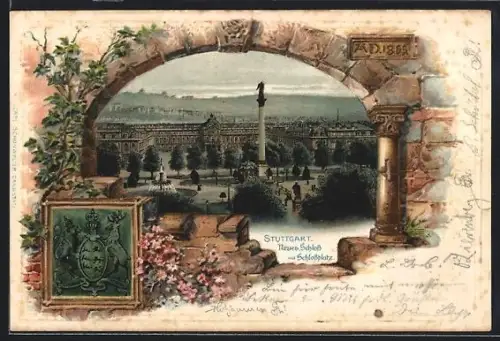 Passepartout-Lithographie Stuttgart, Neues Schloss mit Schlossplatz und Wappen