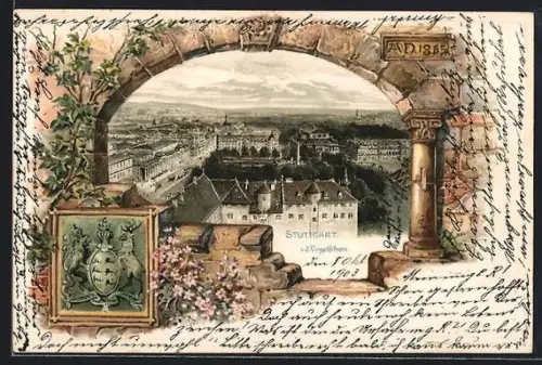 Passepartout-Lithographie Stuttgart, Stadtansicht aus der Vogelschau, Wappen und Burgmauer