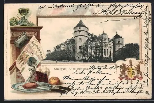 Passepartout-Lithographie Stuttgart, Altes Schloss, Teller mit Wurst, Wappen