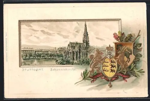 Passepartout-Lithographie Stuttgart, Blick zur Johanniskirche, Wappen