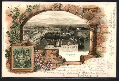Passepartout-Lithographie Stuttgart, Teilansicht aus der Vogelschau im geprägten Mauerrahmen