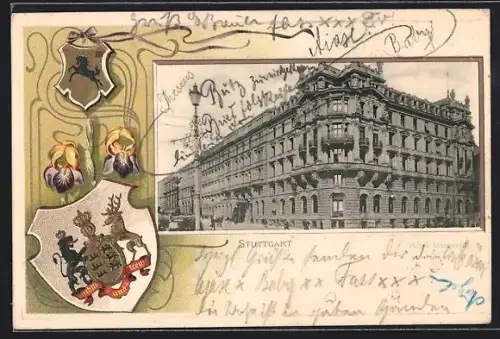 Passepartout-Lithographie Stuttgart, Hôtel Marquardt, Wappen und Schwertlilie