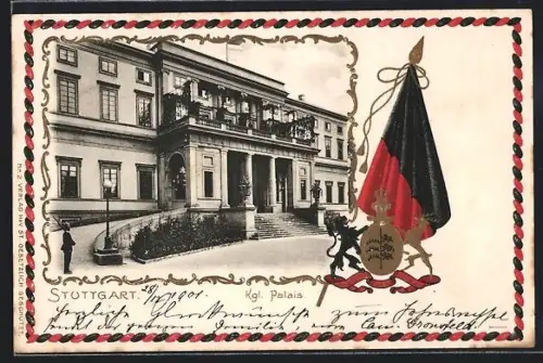 Passepartout-Lithographie Stuttgart, Königliches Palais, Wappen und Fahne