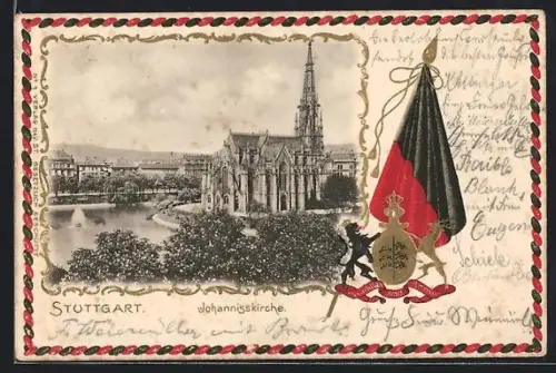 Passepartout-Lithographie Stuttgart, Johannisskirche, Flagge, Wappen