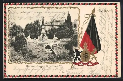 AK Stuttgart, Herzog Eugen Brunnen, Wappen und Flagge, Neujahrsgruss