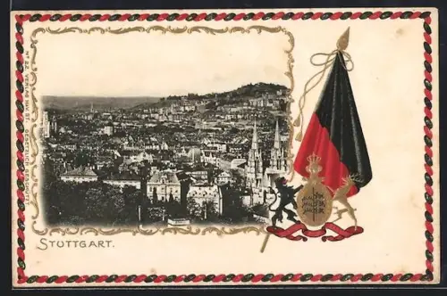Passepartout-Lithographie Stuttgart, Stadtansicht, Fahne und Wappen