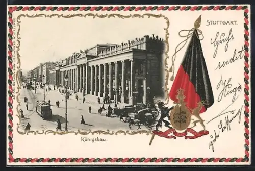 Passepartout-Lithographie Stuttgart, Königsbau mit Strassenbahnen, Wappen